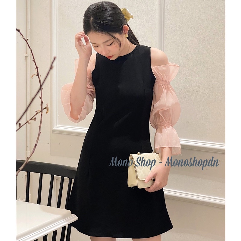 Đầm nhung đen nữ hở vai tay voan hồng dáng xoè nhẹ Ảnh thật/ sẵn | BigBuy360 - bigbuy360.vn