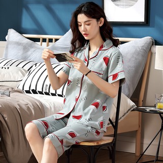 {ẢNH CHỤP THẬT} Bộ lửng Pijama Quảng Châu cao cấp, màu xanh mát dịu, họa tiết dưa hấu ngọt ngào, chất cotton 100% thoáng