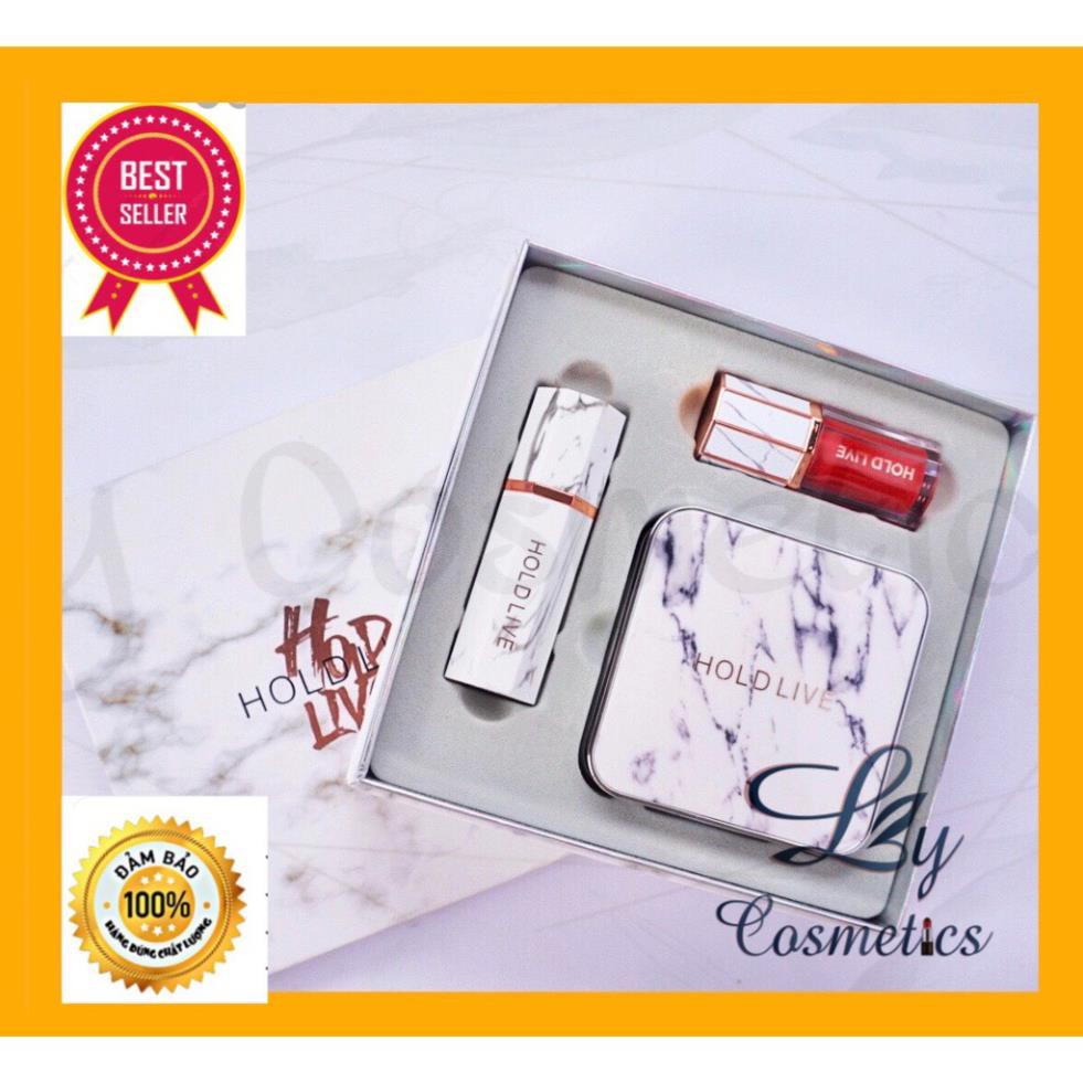 Siêu đẹp- Set 3 món Phấn nước-Son thỏi-Son kem vân đá HoldLive Marble Silklight Three-Piece