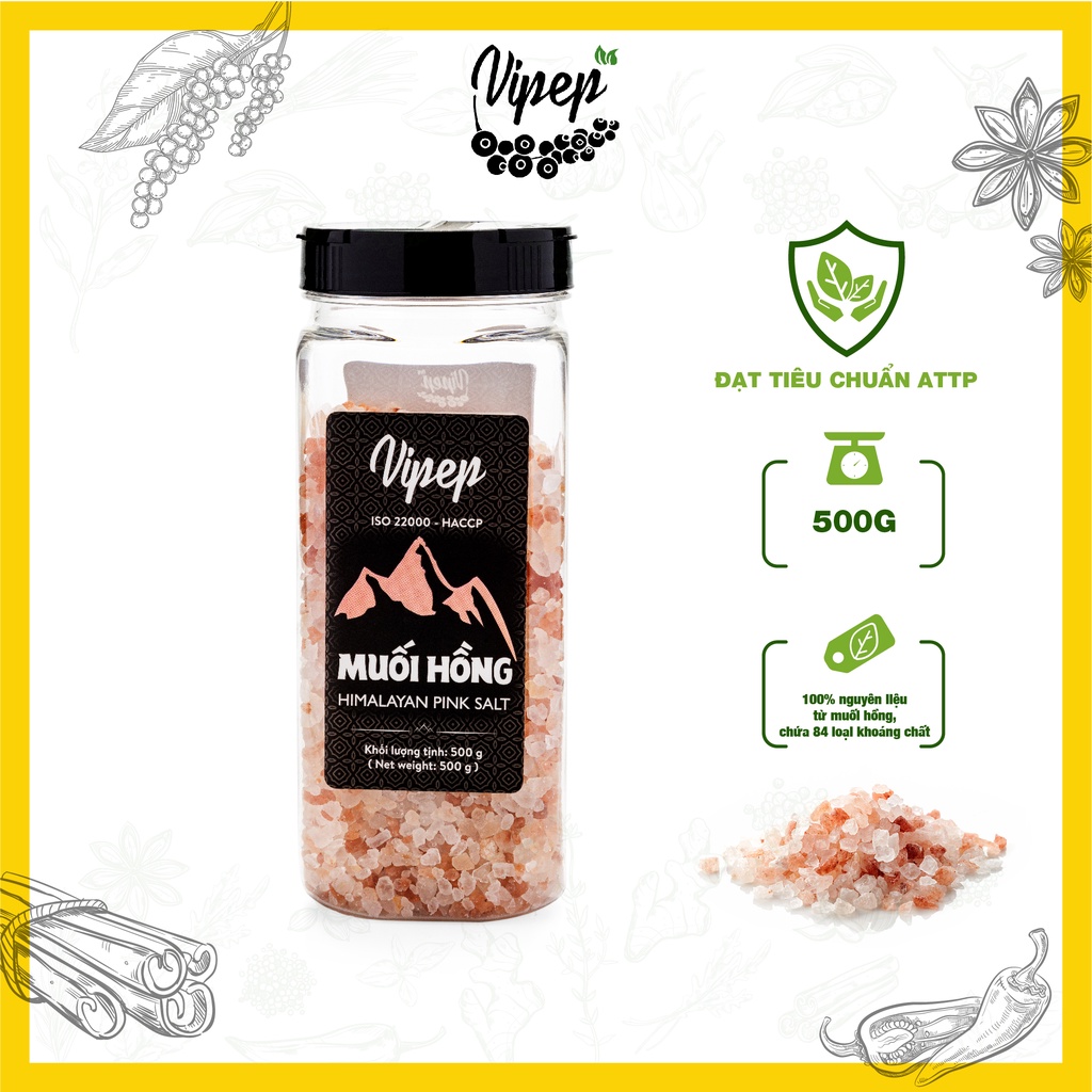 Muối hồng Vipep xuất xứ Himalaya chuyên dùng sơ chế món ăn, nguyên hạt và xay nhuyễn 120g/200g/250g/500g/1100g