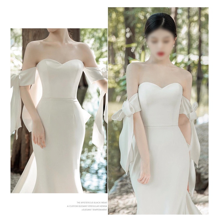 Đầm Cưới Đuôi Cá Một Dây Vải Satin Mỏng Nhẹ Đính Nơ Kiểu Pháp Đơn Giản