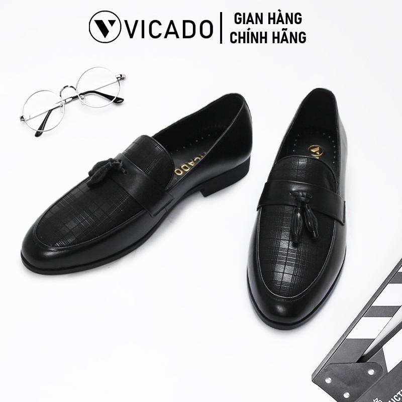 Giày tăng chiều cao nam công sở da bò cao cấp Vicado VA1080 màu đen đế khâu chắc chắn