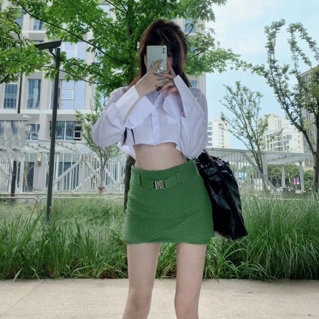 Set Áo Sơ Mi Trắng Tay Dài Hở Eo + Chân Váy Ngắn Lưng Cao Ôm Dáng Thời Trang Hàn Quốc Cho Nữ