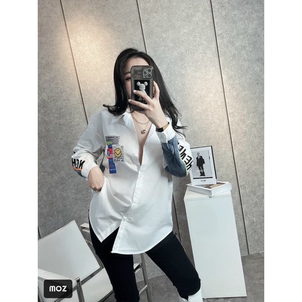 Áo sơ mi pha bò tag logo form rộng giấu quần hàng QC