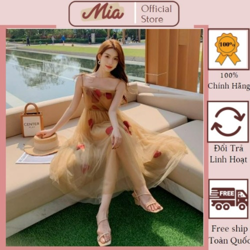 Đầm voan 2 dây hoa, váy voan 2 dây họa tiết hoa vải voan lụa hàng quảng châu cao cấp - Mia Shore