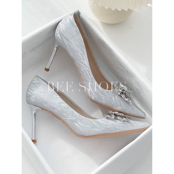BEESHOES - GIÀY CAO GÓT NỮ MŨI NHỌN  - GIÀY CAO GÓT NỮ GÓT NHỌN CAO 8 PHÂN SẴN MÀU BẠC 211218