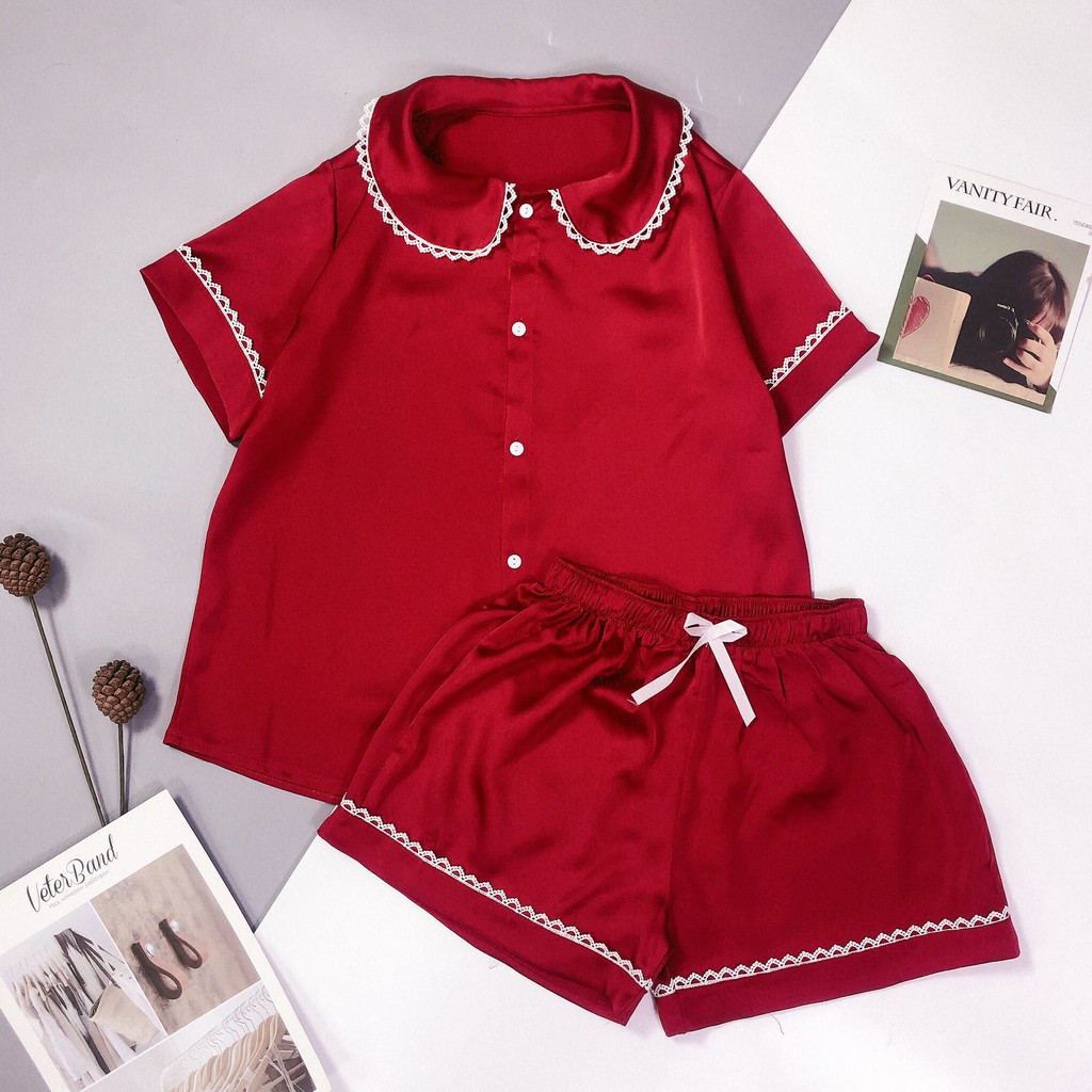 Bộ pijama lụa satin cao cấp viền ren sang chảnh