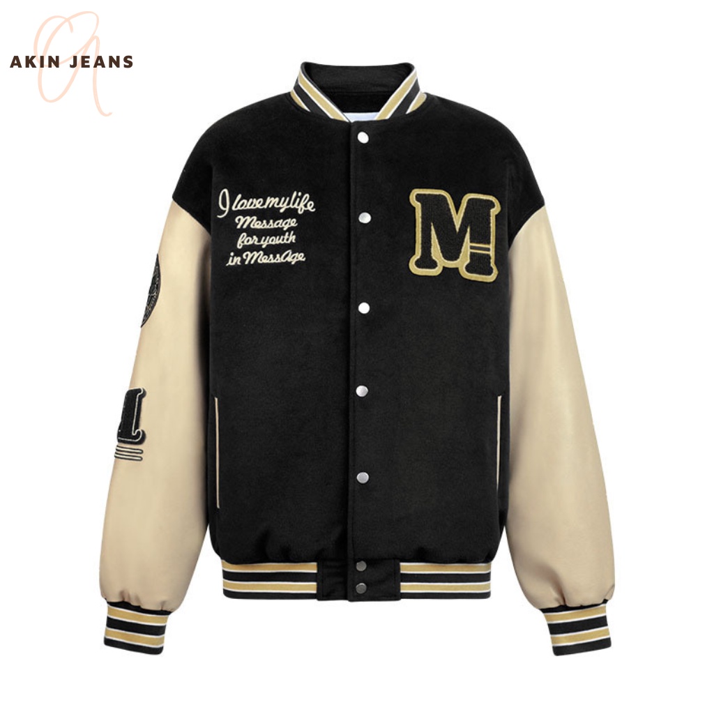 Áo Khoác Bomber  Vải Nỉ Phối Tay Hoạ Tiết, Akin Jeans, Áo Bomber Unisex Form Rộng Phong Cách Ullazang Hàn Quốc, APND