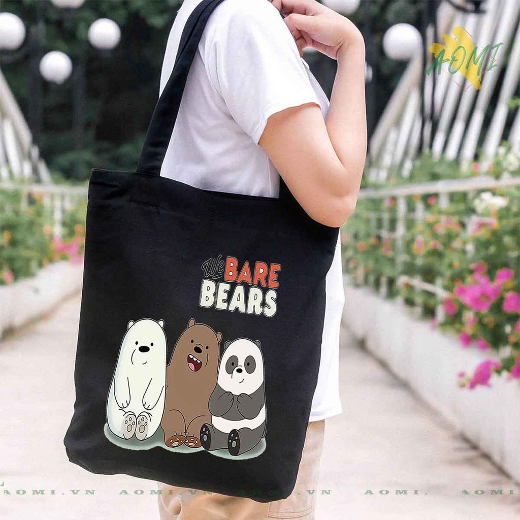 (nhiều mẫu) TOTE CANVAS GẤU WE ARE BEARS TÚI VẢI ĐEO VAI BAG KHÓA KÉO SIZE LỚN 33x38cm AOMIVN MÀU ĐEN TRẮNG