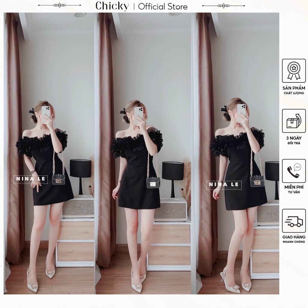 Đầm trễ vai nữ nhún bèo sành điệu chất vải umi có mút