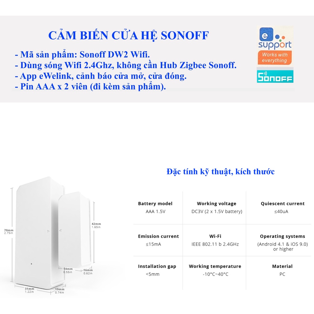 Cảm biến cửa Sonoff DW2 kết nối Wifi, App eWelink, GoogleAssistant, Alexa, Home Assistant.