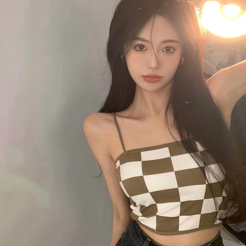 Áo Croptop Hai Dây Họa Tiết Kẻ Ô Có Mút Đệm Ngực Siêu Nhẹ Thời Trang Mùa Hè Quyến Rũ Cho Nữ