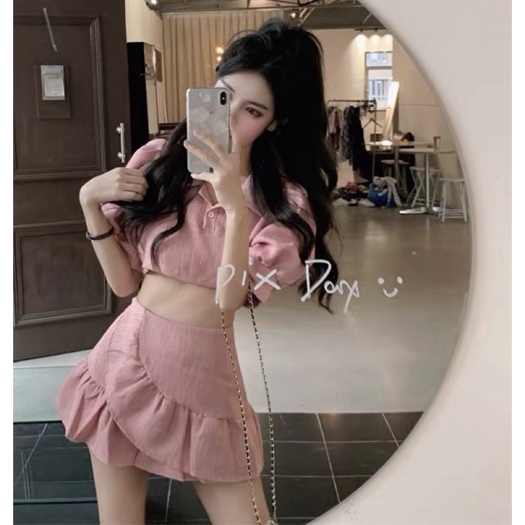 Set Áo Croptop Tay Phồng Cổ Bẻ POLO + Chân Váy Đắp Chéo Siêu Xinh