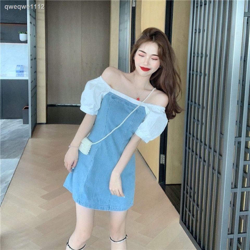 Đầm Denim Tay Phồng Cổ Vuông Phong Cách Retro Pháp