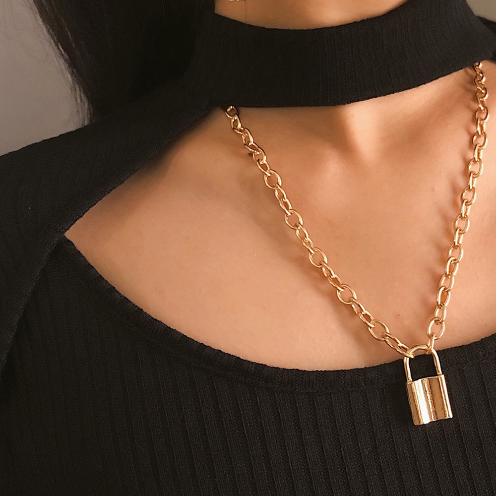 Vòng cổ sợi xích bằng thép không gỉ mặt ổ khoá đơn giản thời trang