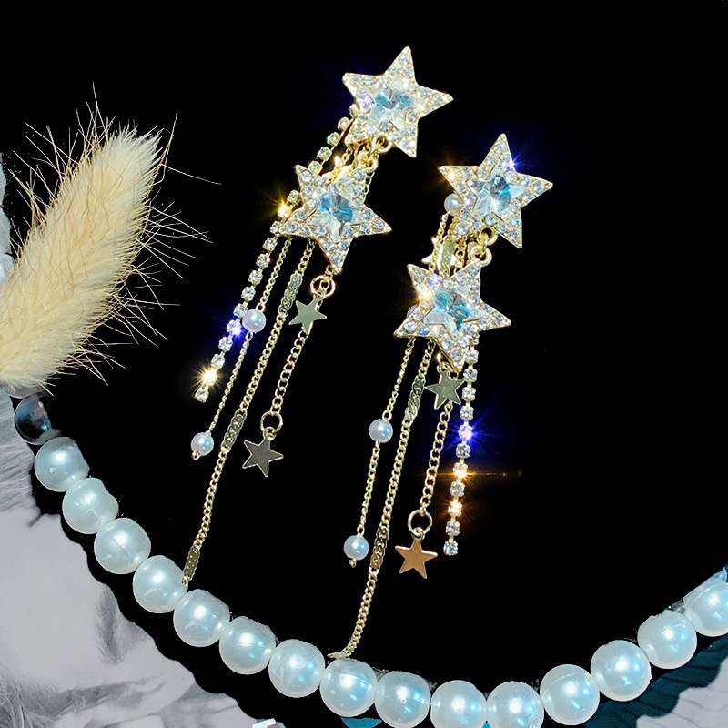 Bông Tai Mạ Bạc 925 Hình Ngôi Sao Phối Tua Rua Và Ngọc Trai Thời Trang Cho Nữ