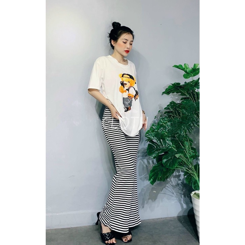 Quần thun ống loe phối màu sọc ngang cực hot , chất coton mềm mịn co giãn
