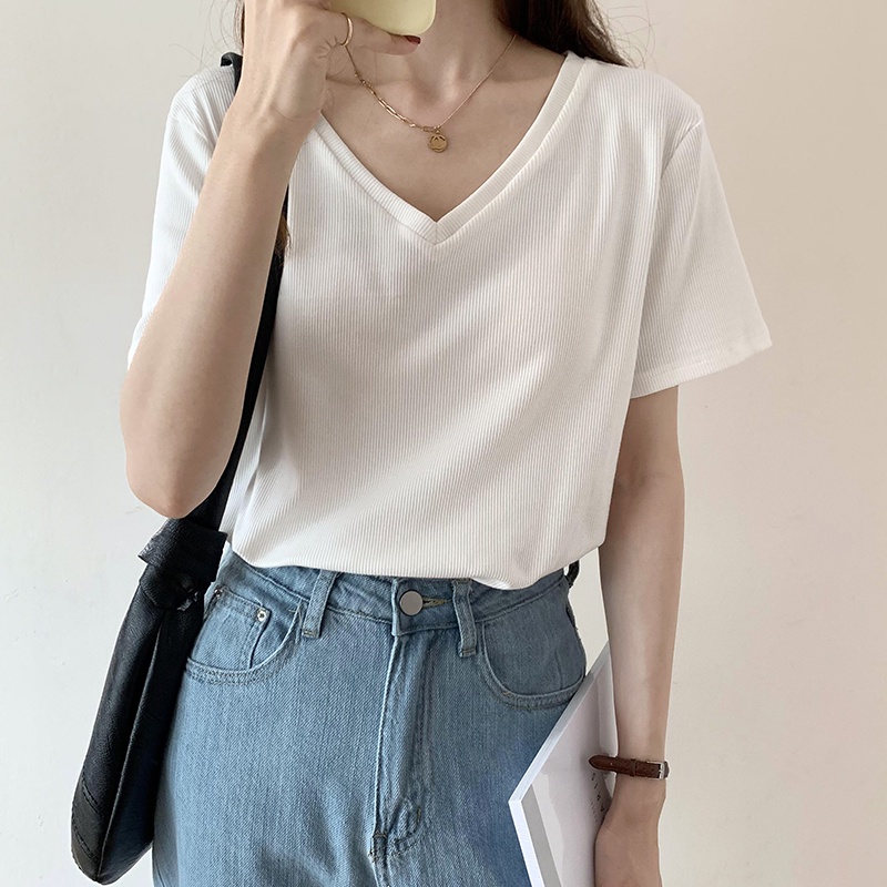 Áo Thun Tay Ngắn Kẻ Sọc Cổ Chữ V Thời Trang Và Đơn Giản Cho Nữ