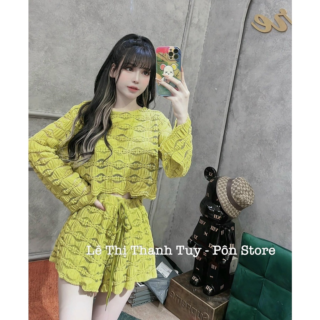 Set đồ nữ đi chơi, đồ bộ nữ dễ thương với quần đùi ngắn kèm áo croptop kiểu nữ tay loe, chất ren cao cấp