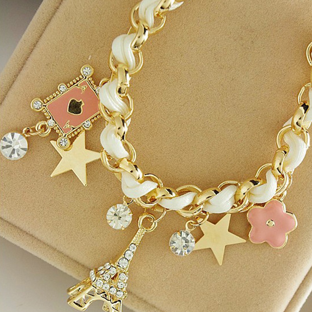 [Hàng Có Sẵn] Vòng Tay Giả Da Đính Mặt Hình Tháp Eiffel / Hoa / Ngôi Sao /