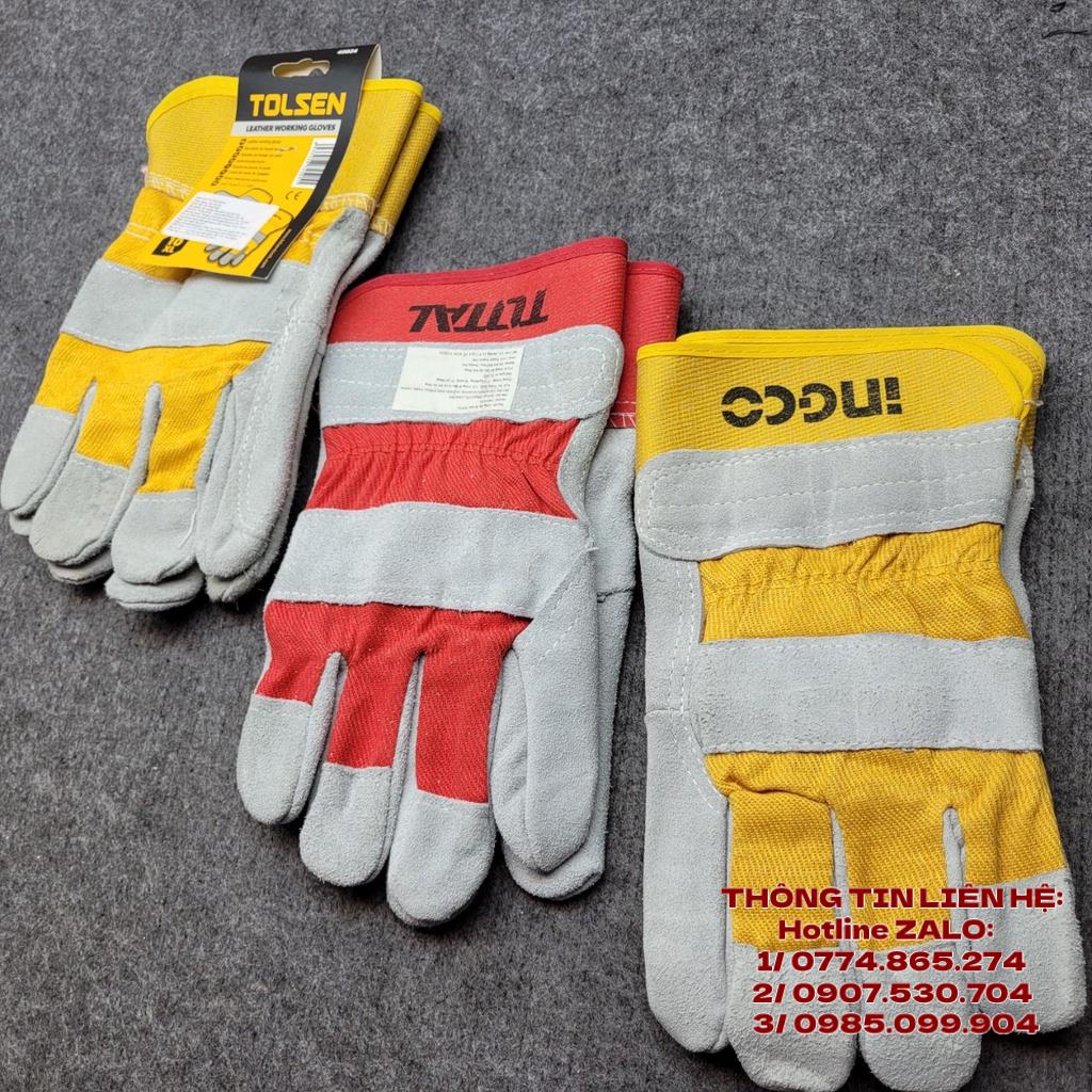 Găng tay bảo hộ lao động vải da bò thật TOTAL TSP14101 INGCO HGVC01 TOLSEN 45024 bao tay cách nhiệt hàn cắt, cơ khí