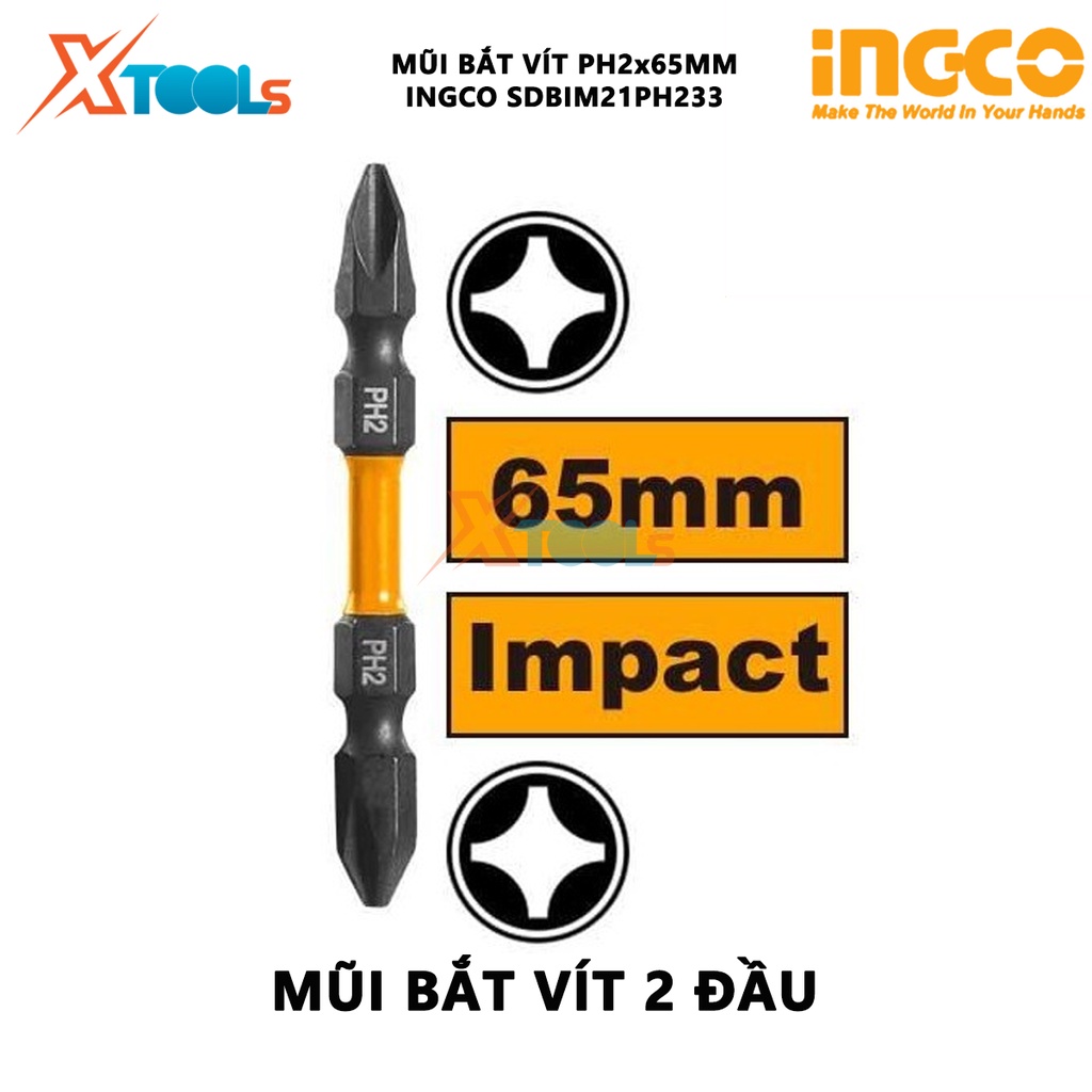 Bộ mũi bắt vít 2 đầu bake 10 chi tiết INGCO SDBIM21PH233 mũi bắt vít 2 đầu PH2 + PH2 65mm, Thép công nghiệp S2 có nam ch