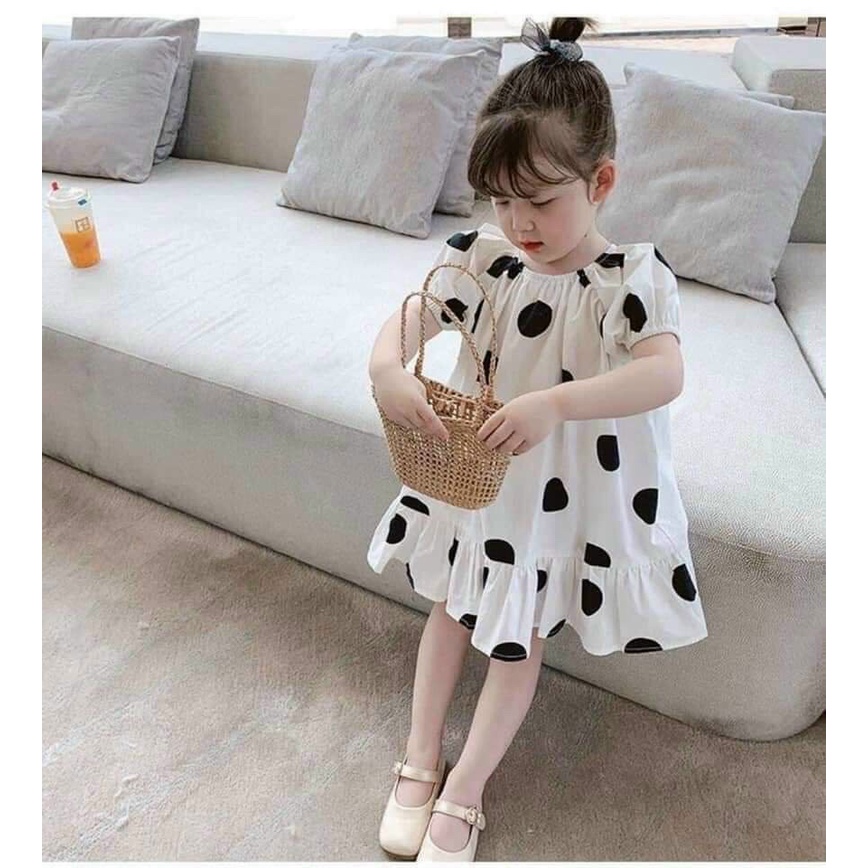Váy bé gái - Váy trắng chấm bi to tay điệu