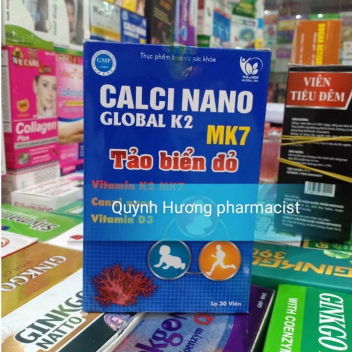 CALCI NANO GLOBAL K2 MK7 Tảo biển đỏ lọ 30 viên bổ sung canxi cho cơ thể