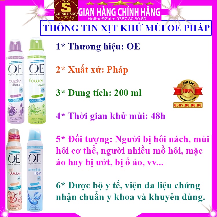 Xịt khử mùi hôi nách toàn thân chính hãng OE pháp cho nữ và nam thay thế nước hoa không ố áo vùng nách cơ thể 200ml 48h