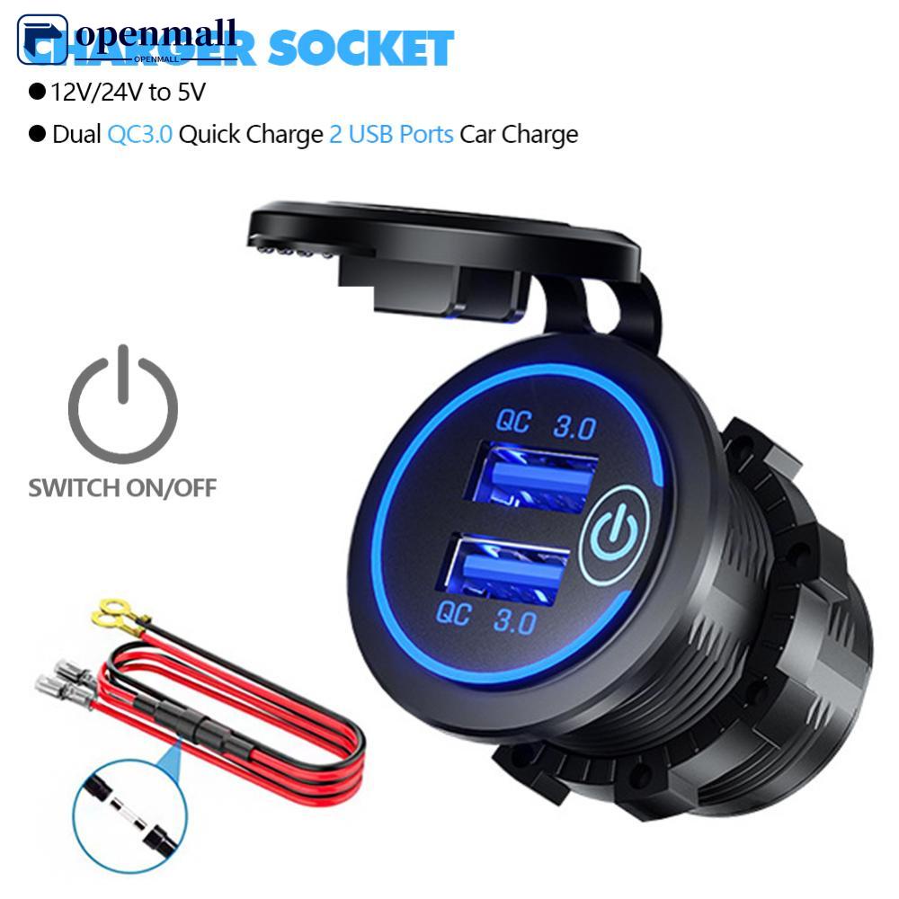 Cốc Sạc Nhanh QC3.0 2 Cổng USB 12V/24V Sang 5V Chống Nước Có Công Tắc Cảm Ứng Cho Xe Hơi F5X2