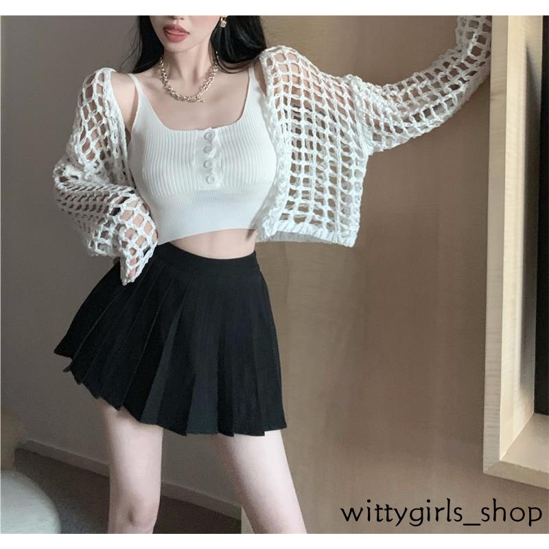Wittygirls_ Shop | Áo Khoác Cardigan Dệt Kim Tay Dài Dáng Rộng Phối Lưới Thời Trang Mùa Thu