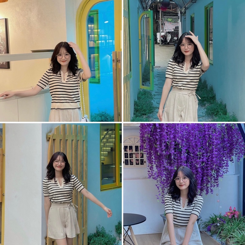 Áo len kẻ ngang cộc tay cổ đức ulzzang - Áo len mỏng kẻ ngang cổ V và cổ tròn