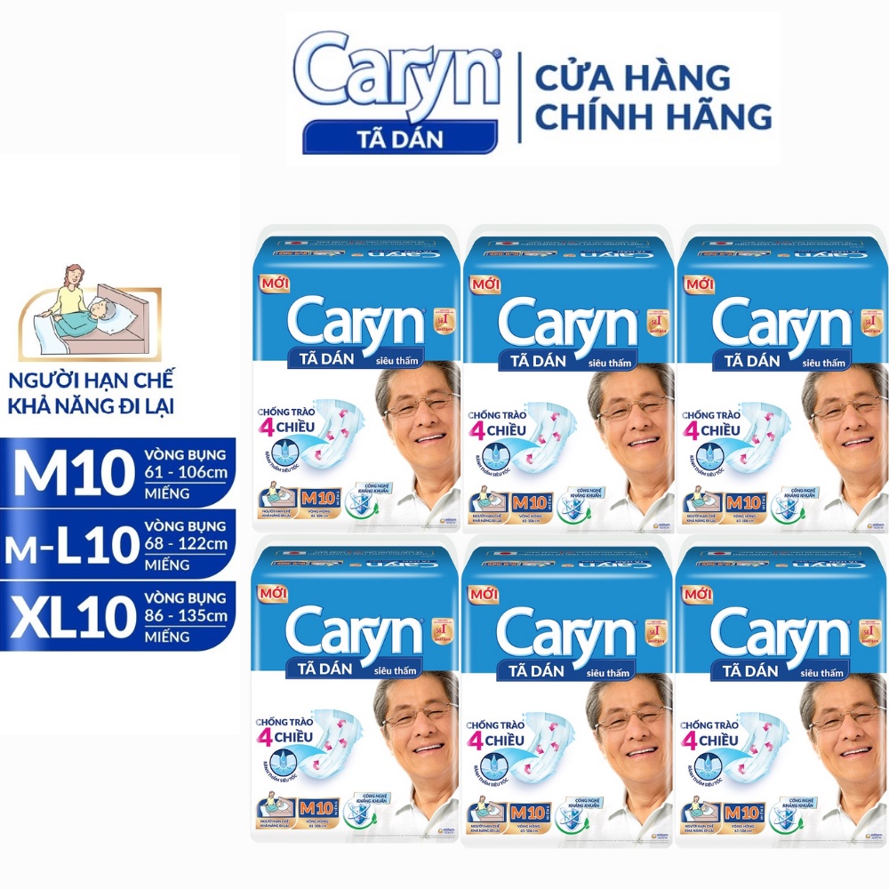 Bỉm người già Caryn dạng dán size M10/L10/XL10 miếng Combo 6 gói tiết kiệm , Bỉm người lớn chống trào 4 chiều