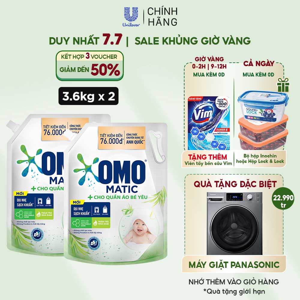 Combo 2 Túi Nước Giặt Omo Matic Baby Cho Quần Áo Bé Yêu 3.6kg túi