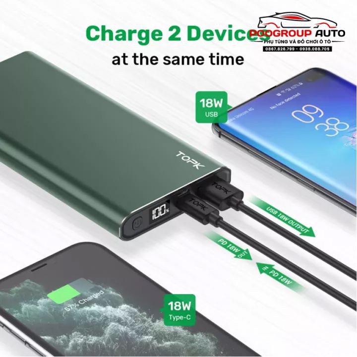 [Chính hãng,sạc nhanh 18w] Sạc dự phòng Out Type-C TOPK 10.000 mAh I1006P