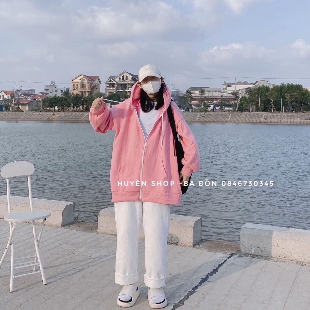 Áo khoác hoodie zip thêu số 05 - áo khoác chất nỉ ngoại, tay bồng form rộng, 2 màu ghi sáng - hồng