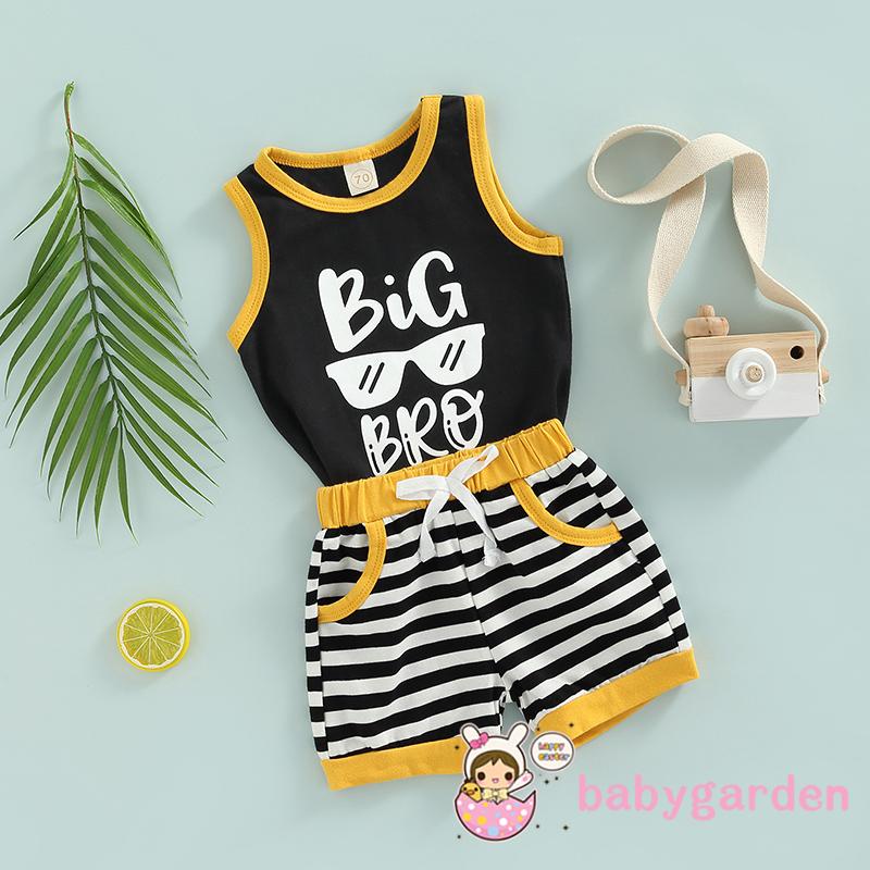 Bộ Áo Sát Nách Cổ Tròn In Chữ + Quần Short Kẻ Sọc Thời Trang Mùa Hè Cho Bé Trai 0-3 Tuổi