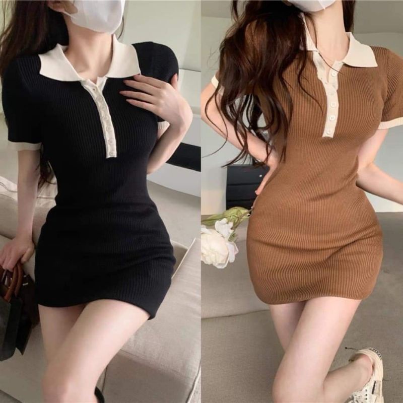 Váy Polo có cổ body phối viền, Váy nữ