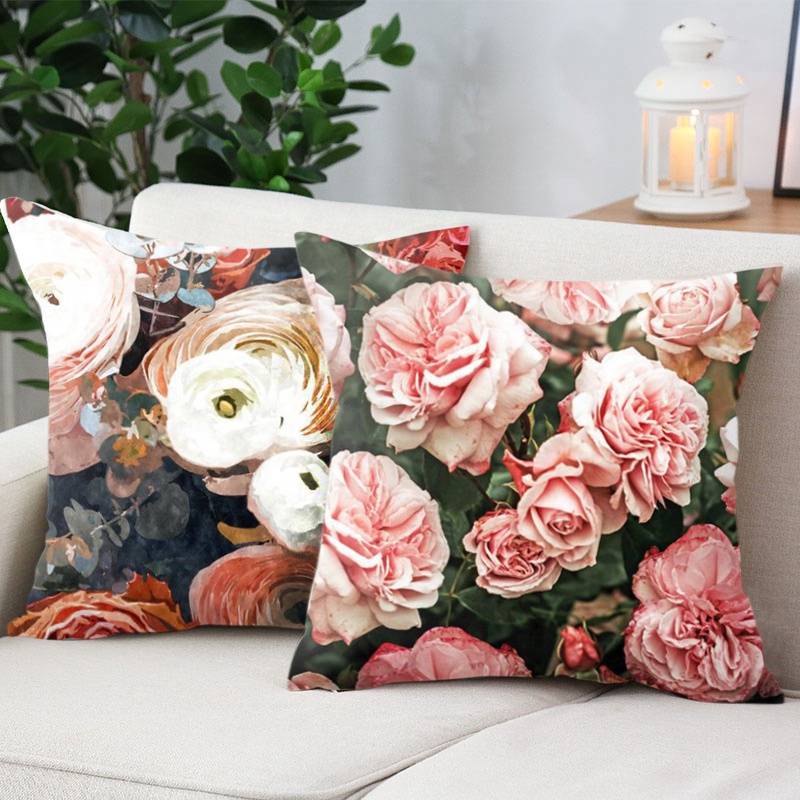 Vỏ Gối Bằng Nhung Họa Tiết Hoa Hồng Phong Cách Địa Trung Hải