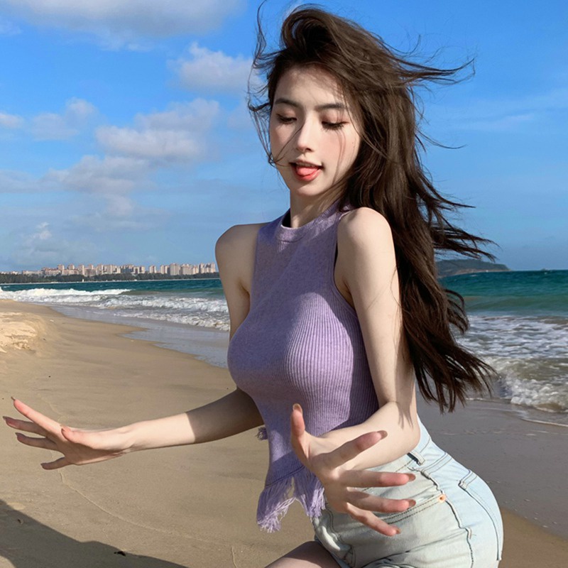 Áo Croptop Dệt Kim Sát Nách Thiết Kế Tua Rua Độc Đáo
