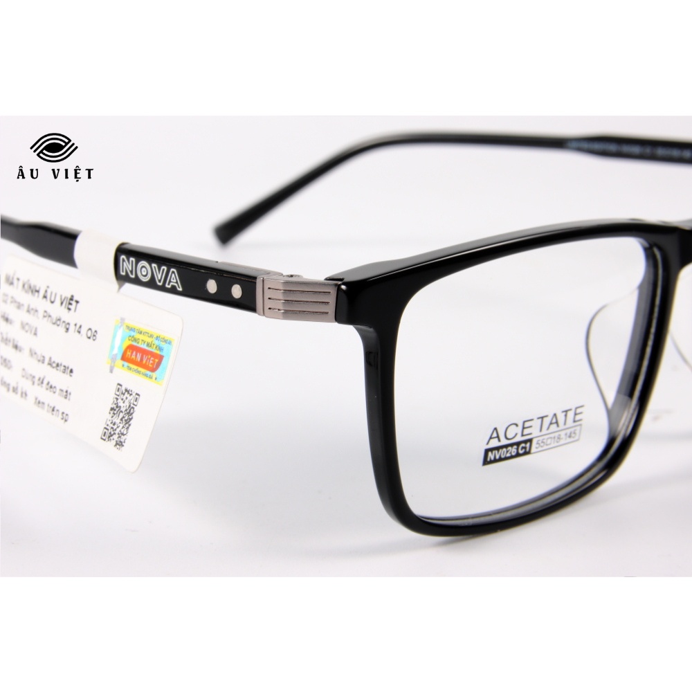Gọng kính nam nữ nhựa acetate dáng chữ nhật vuông Nova NV-026 màu đen Full box