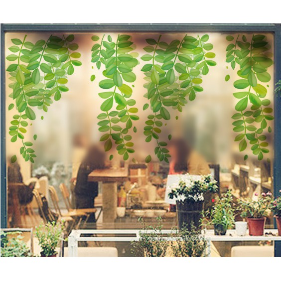 Decal trang trí dán kính cao cấp lá Dây Leo Xanh lá lớn