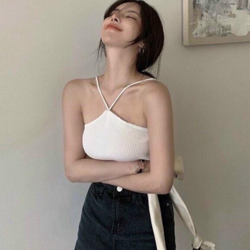 [XẢ KHO] Áo Yếm Hai Dây Dáng Croptop Chất Thun Dày Dặn Co Giãn Ko Lộ Ngực Freesize &lt;53kg( Hàng Có Sẵn, Ảnh Thật)