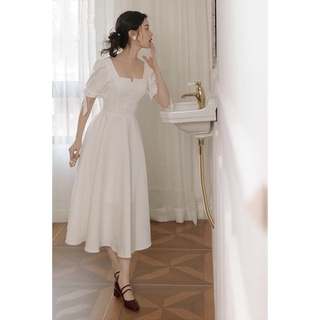 Đầm vintage công chúa trắng cổ khoá nút bọc dáng xoè dài (kèm hình thật)