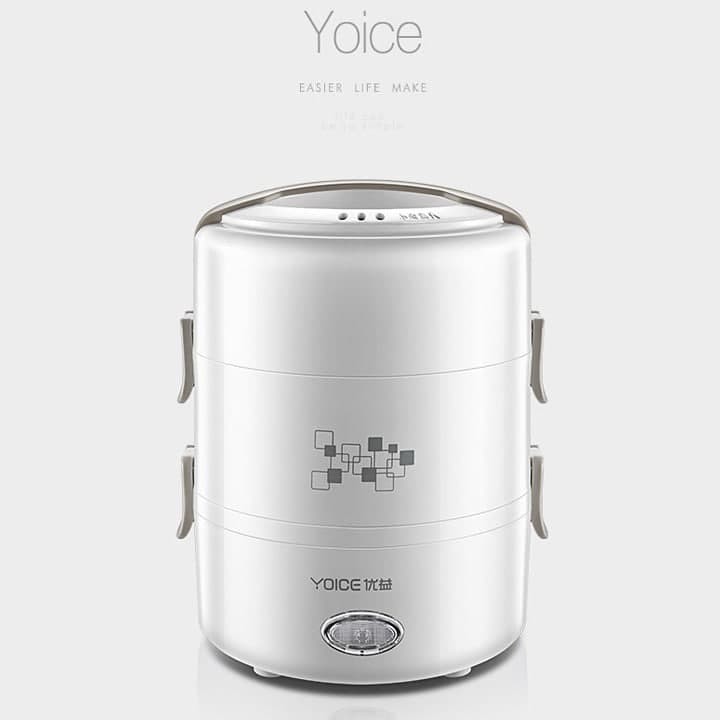 Hộp cơm văn phòng giữ nhiệt cắm điện Yoice tròn trắng 3 tầng khay inox dung tích 2l hâm nóng cực nhanh
