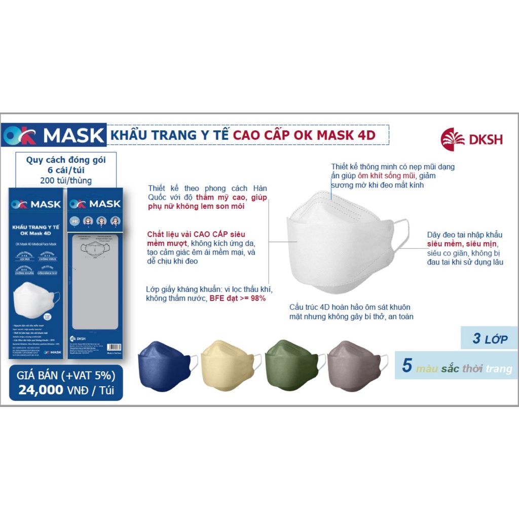 Khẩu trang Y tế cao cấp 4D OK Mask kiểu dáng KF94 Hàn Quốc dễ thở, không dính son lên khẩu trang antibacterial face mask