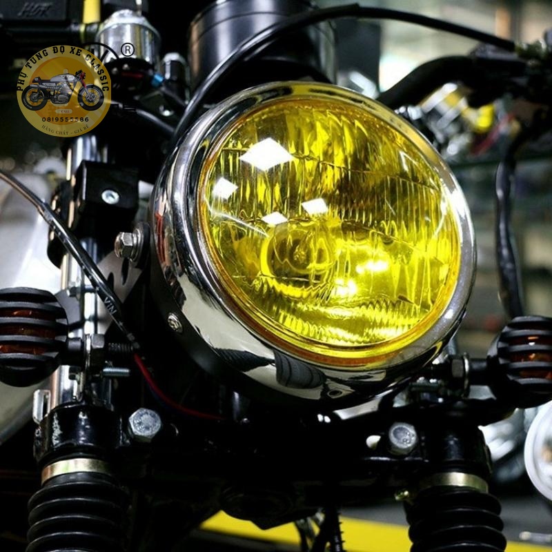 Đèn pha xe máy độ Classic gáo đèn tròn sơn tĩnh điện kính thủy tinh trong đường kính 16cm