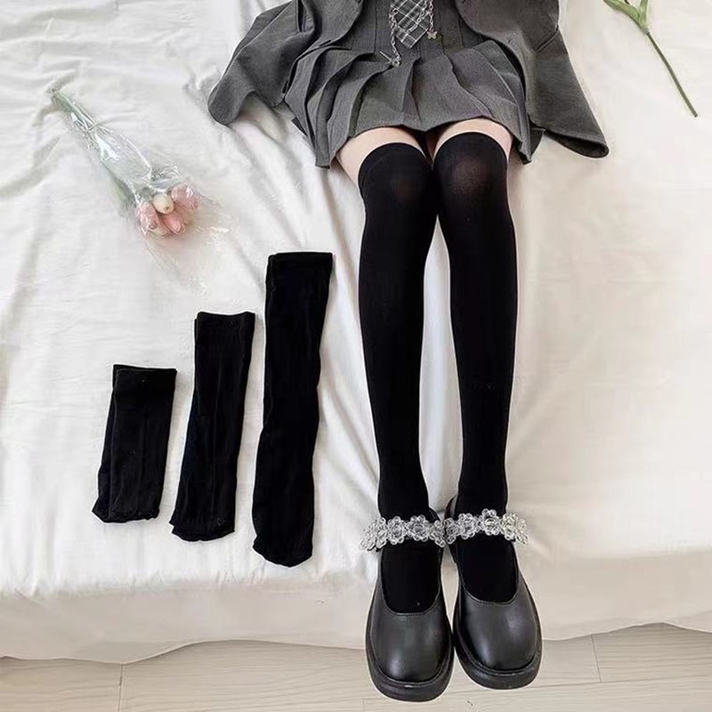 Vớ Dài Qua Gối Màu Trắng Đen Phong Cách Lolita Nhật Bản Dễ Thương Chất Lượng Cao