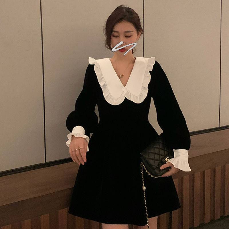 Váy babydoll đầm babydoll Đầm Nhung Tay Dài Dáng Chữ A Cổ Búp Bê Phong Cách Thời Trang Thu Đông Hàng Mới 2021