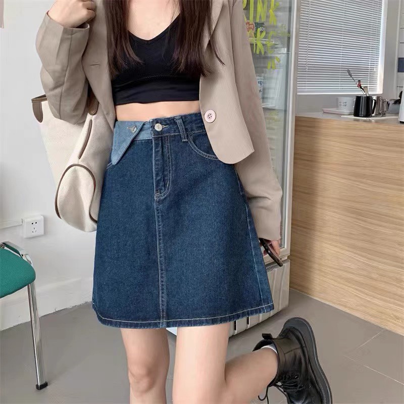 Chân váy cạp cao chữ A, chân váy jean kaki phong cách_V9